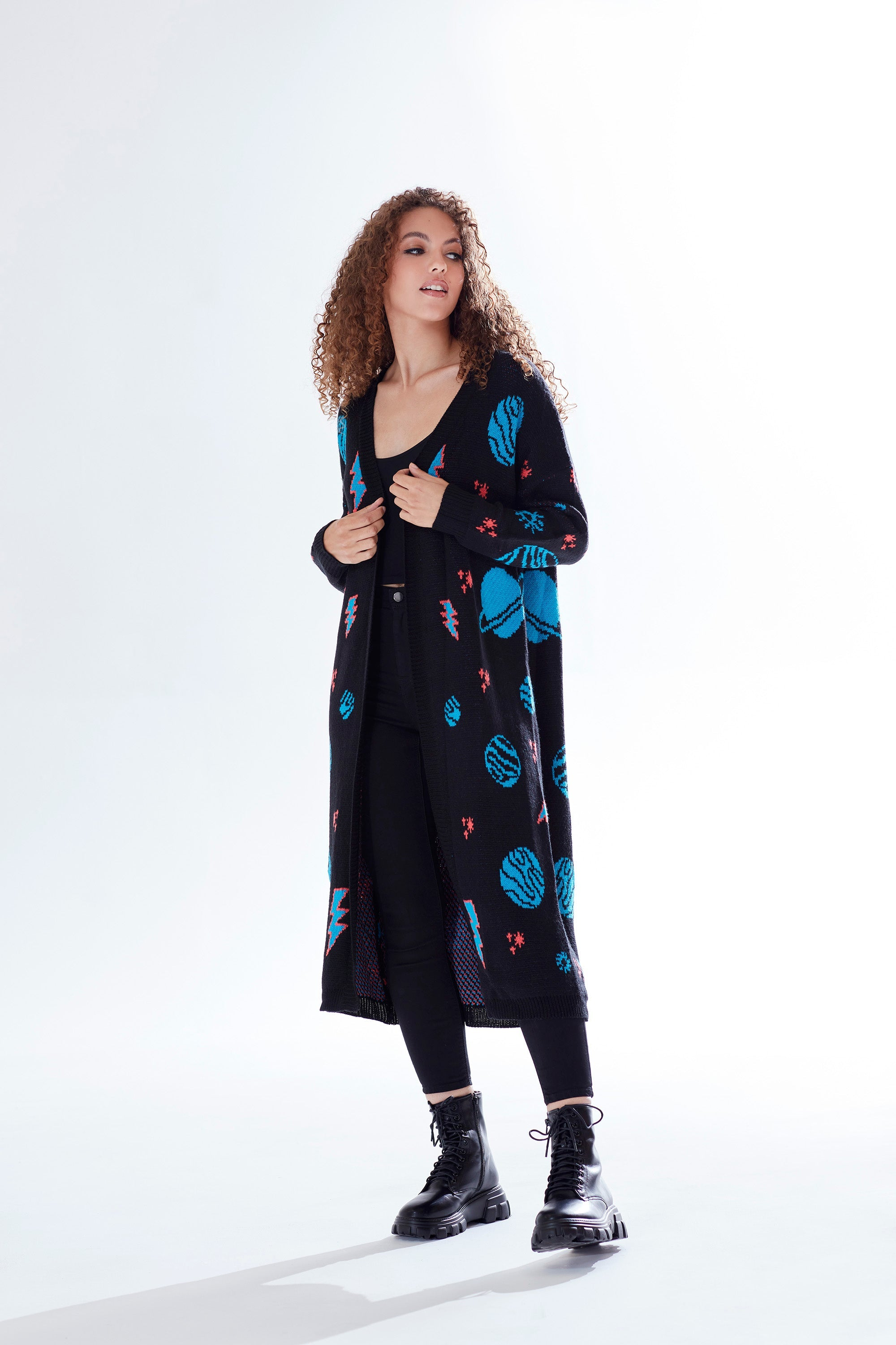 Liquorish Cosmic Pattern Open Front Cardigan in Black, Turquoise & Orange Liquorish