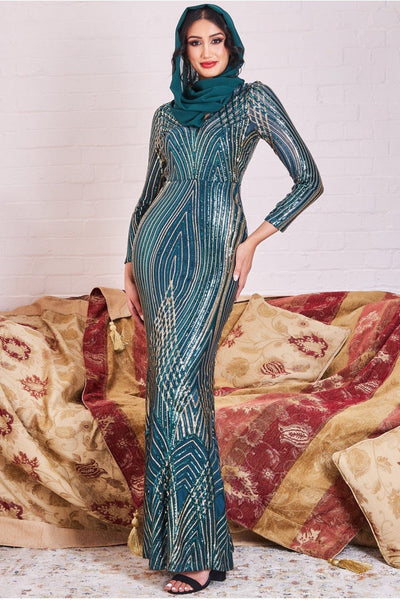 Goddiva Two Toned V Neck Sequin Maxi - Purple