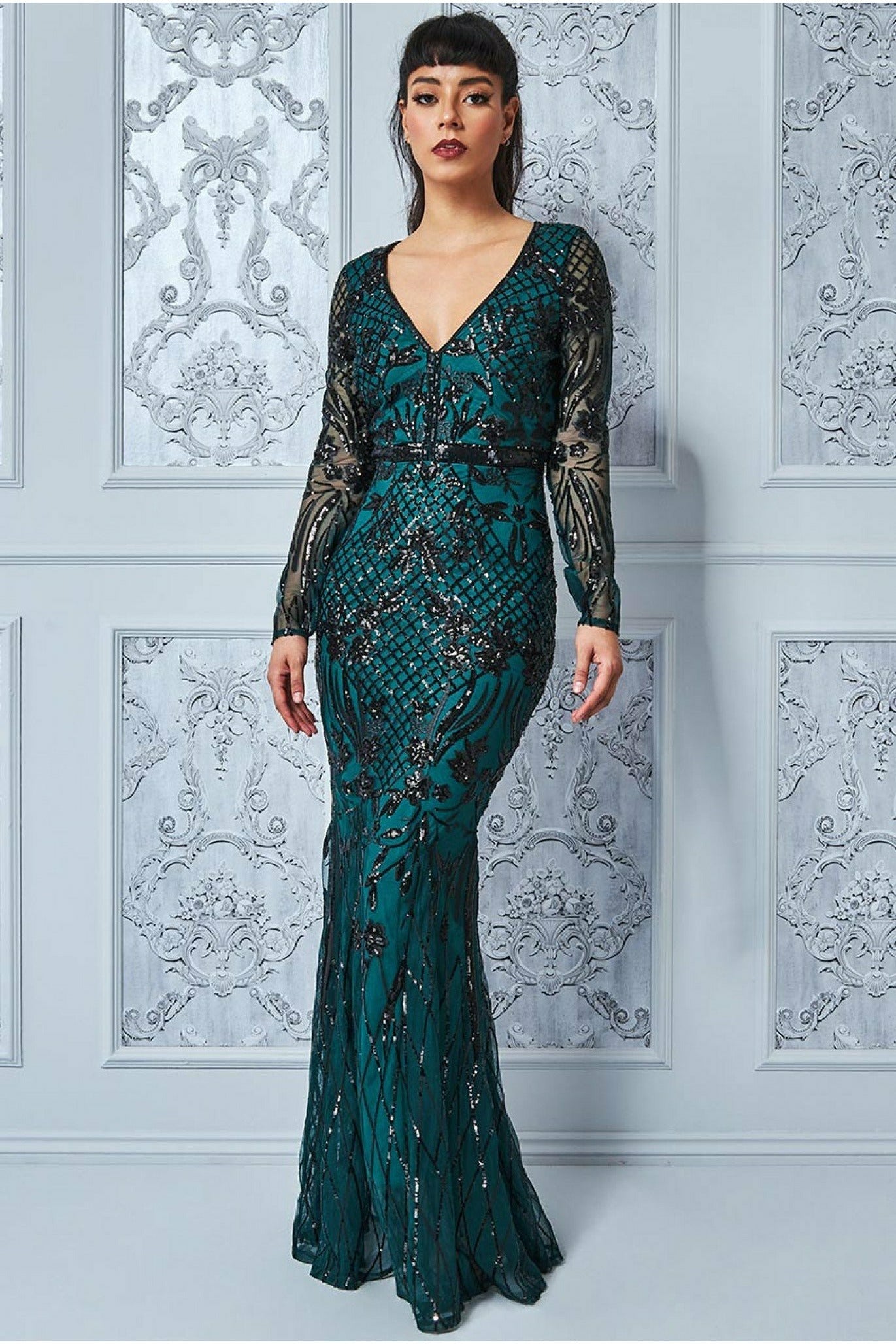 Full Sleeve Sequin Evening Dress - Emerald Green DR3196