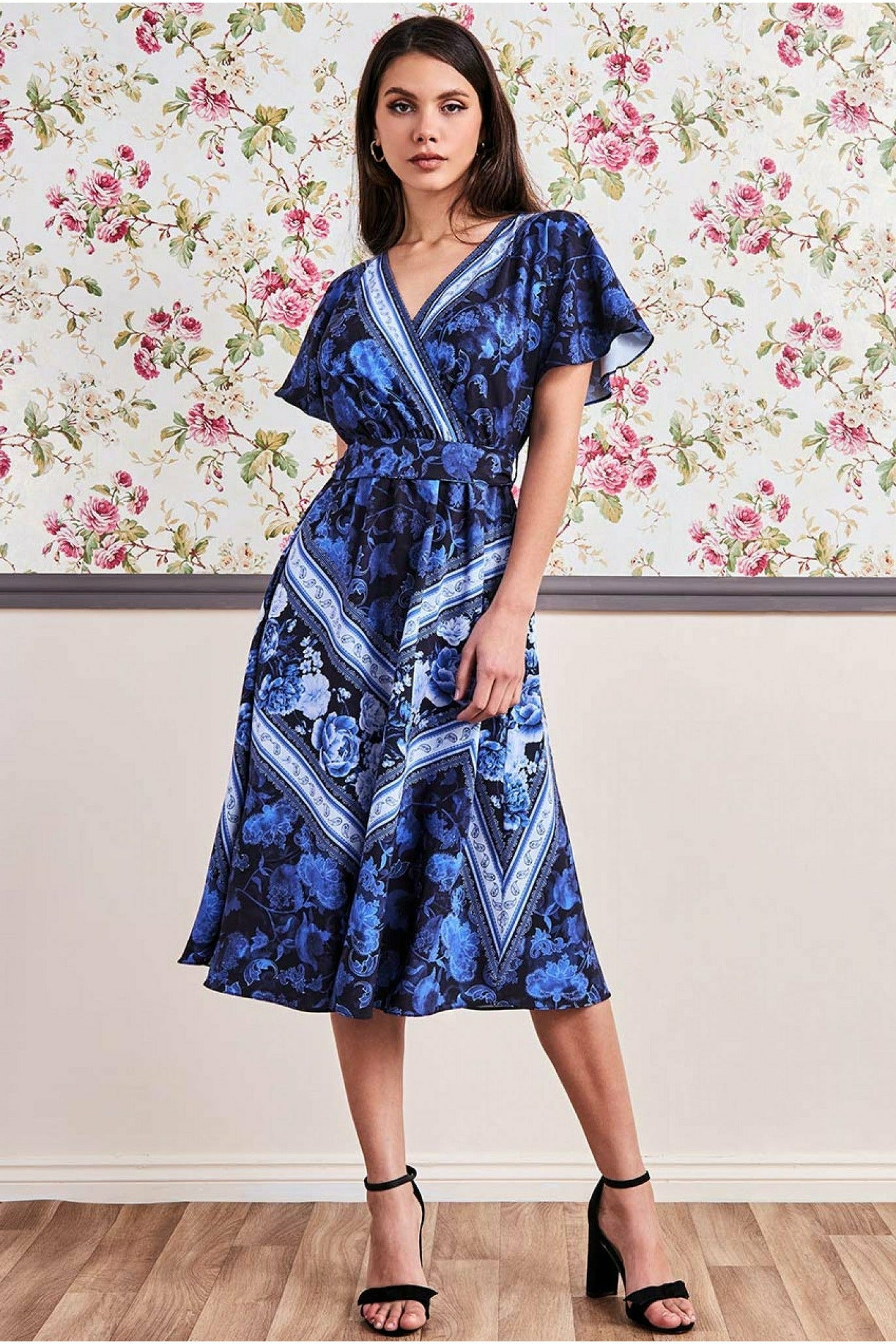 Flutter Sleeve Wrap Style Midi Dress - Navy DR3432