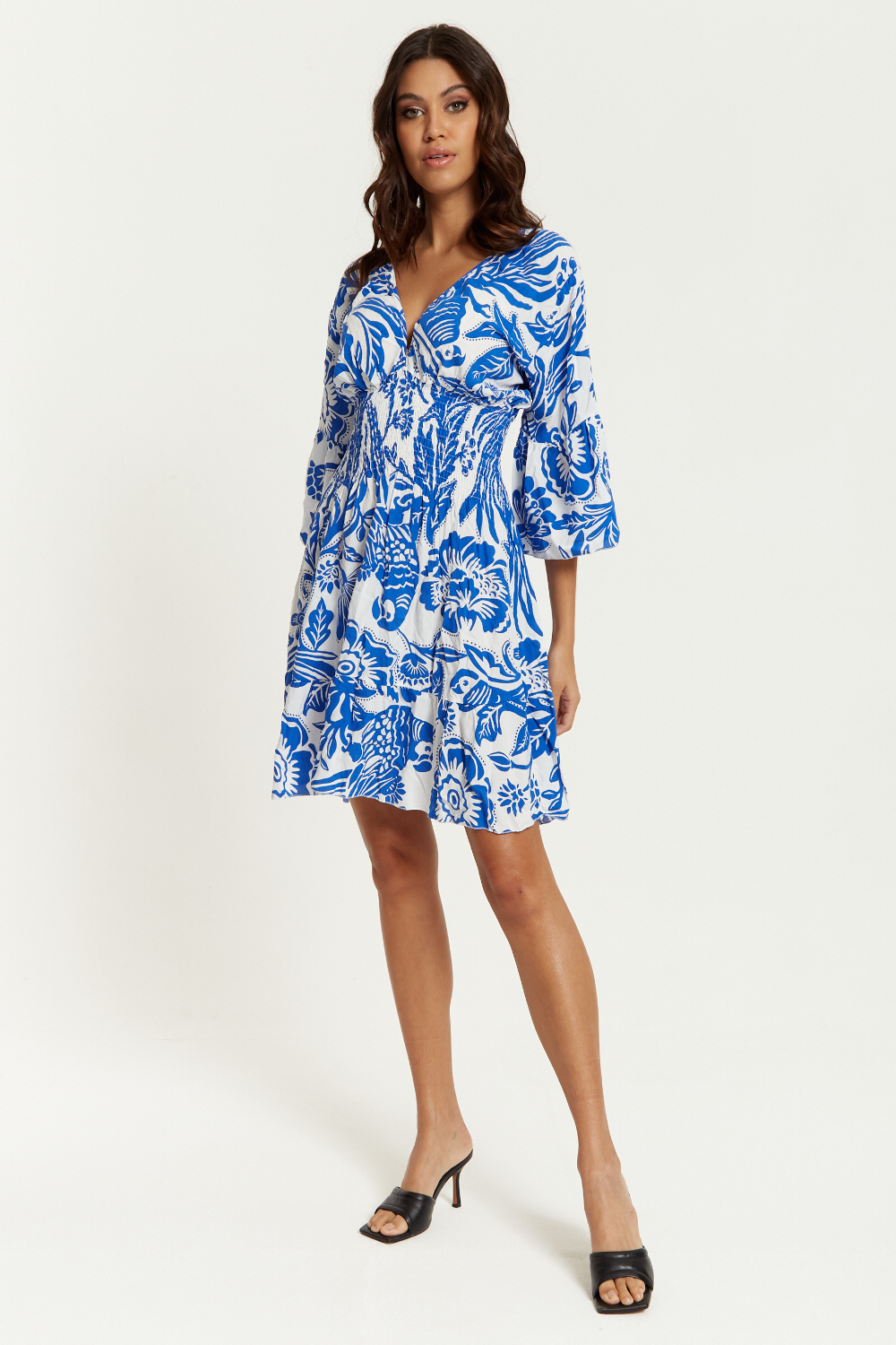 Oversized V Neck Detailed Floral Print Mini Dress in Blue and White GLR FASHION NETWORKING