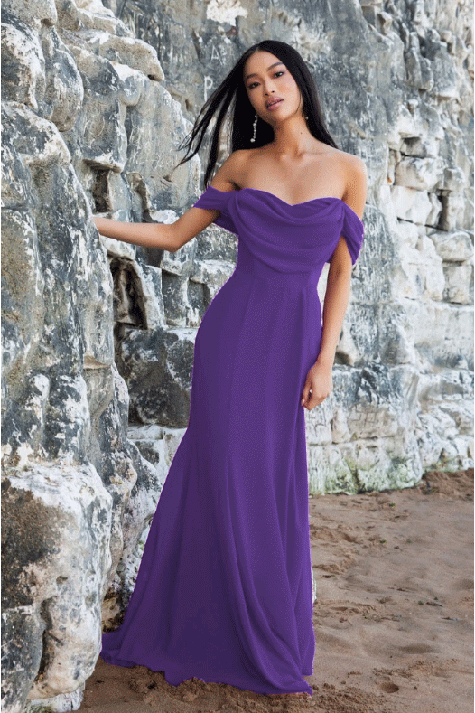 Chiffon Bardot Cowl Neck Maxi Dress - Purple DR2781A