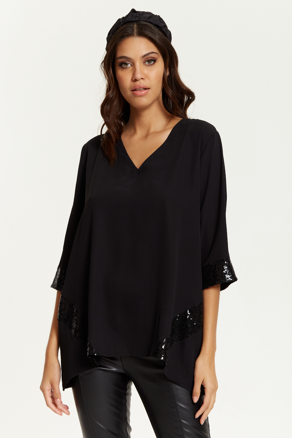 Oversized V Neck Sequin Detailed Satin Top with 3/4 Sleeves in Black GLR FASHION NETWORKING