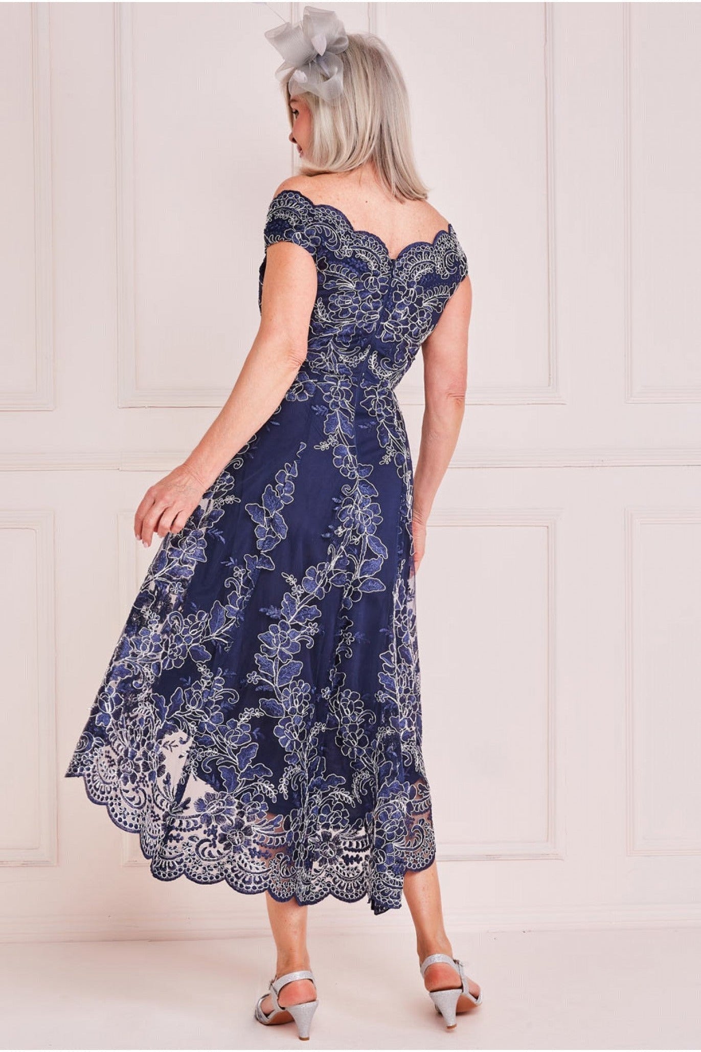 Embroidered Lace High Low Midi  - Navy DR2089QZM