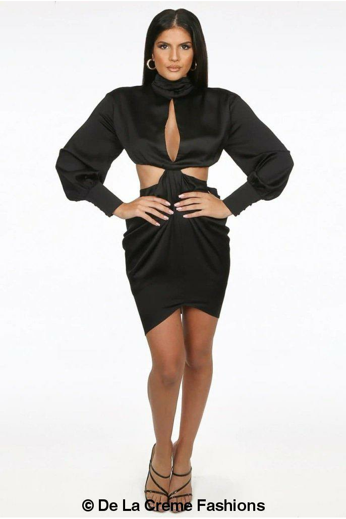 PLEATED HIGH NECK CUT OUT MINI DRESS De La Crème