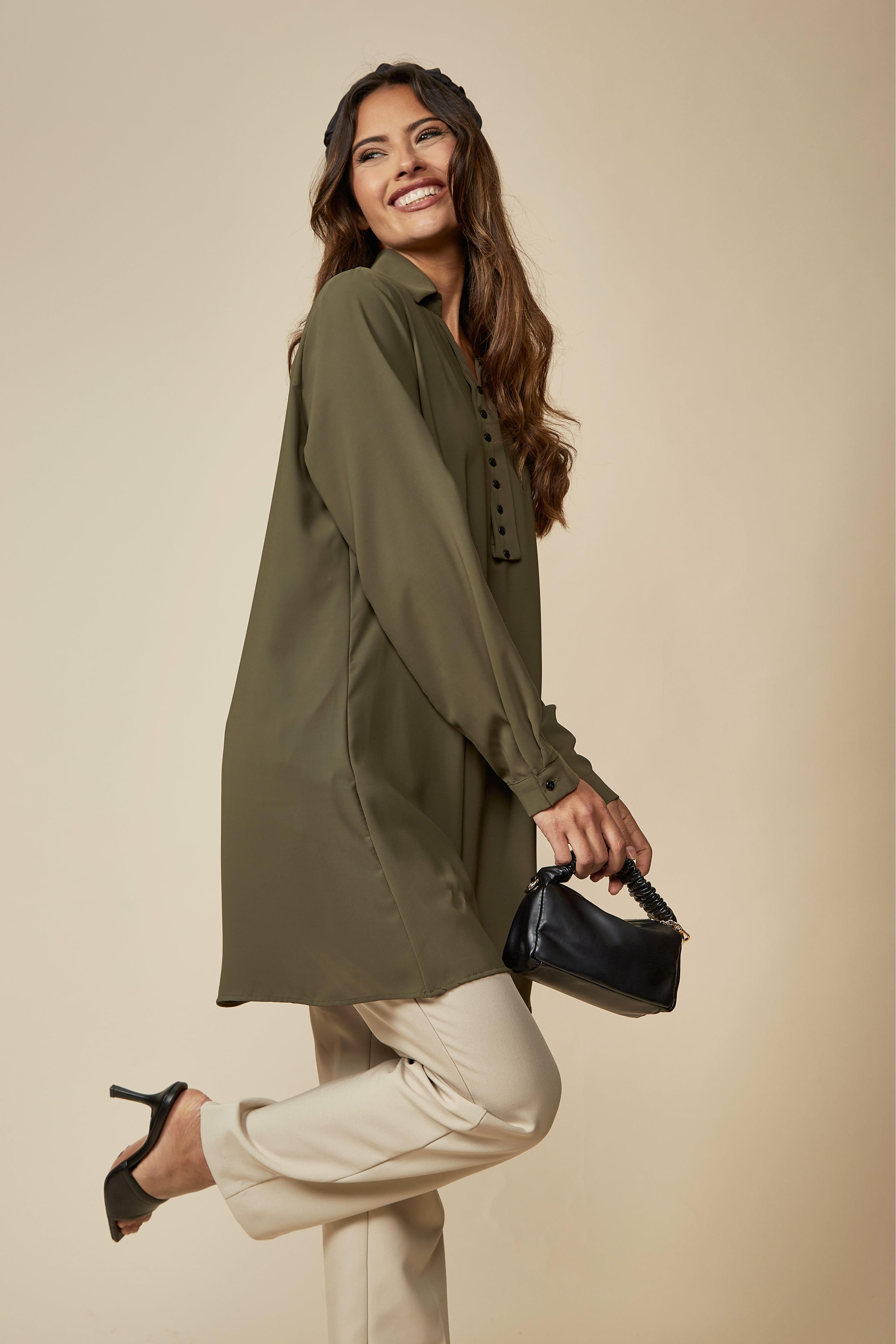 Tunic Shirt with Button Details in Khaki GLR FASHION NETWORKING