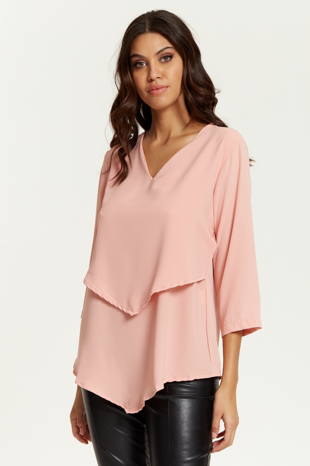 3/4 Sleeves V Neck Layered Relaxed Fit Top in Pink GLR FASHION NETWORKING