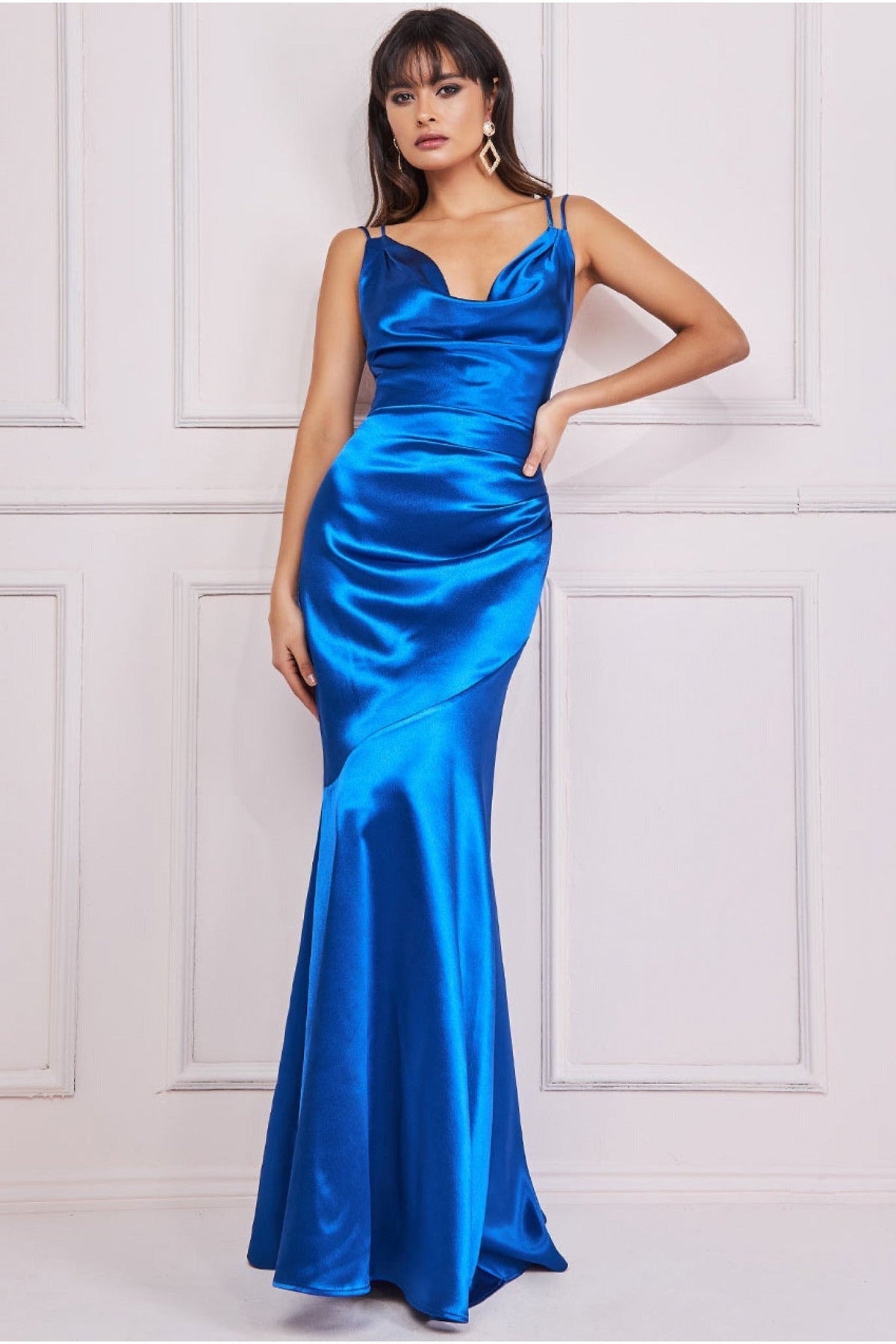 Cowl Neck With Strappy Back Satin Maxi - Royal Blue DR2113