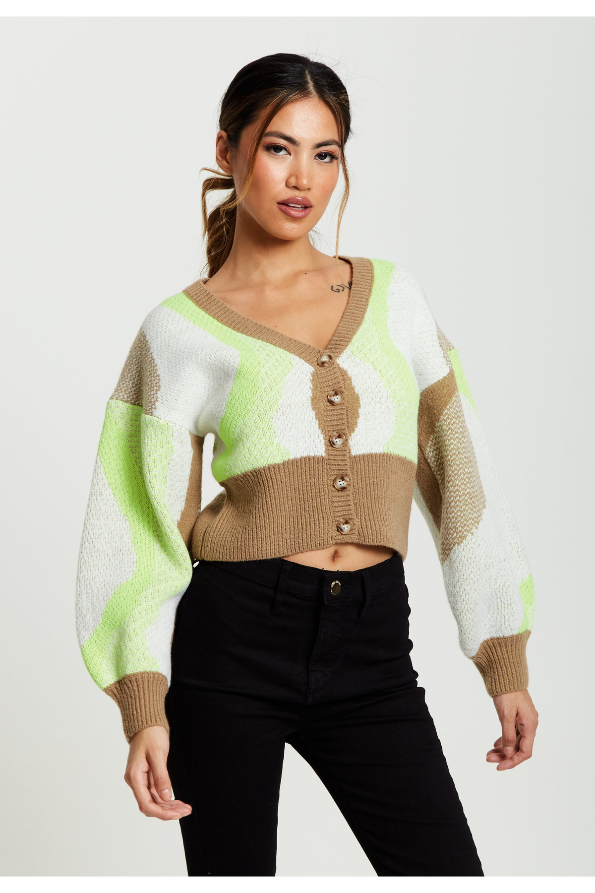 Cardigan In Brown, Green And Cream D1-LS-L22AW001