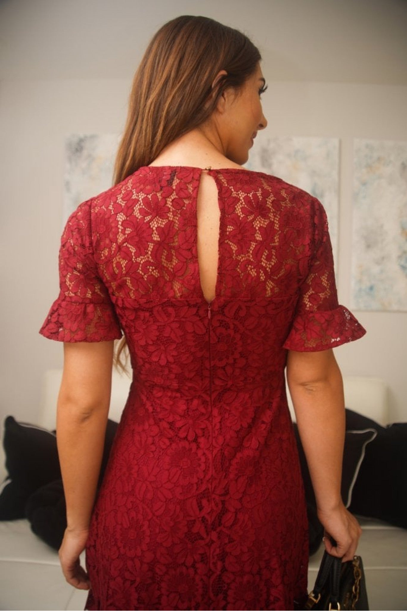 Red V-neck Lace Dress With Frilled Hem DR0000249