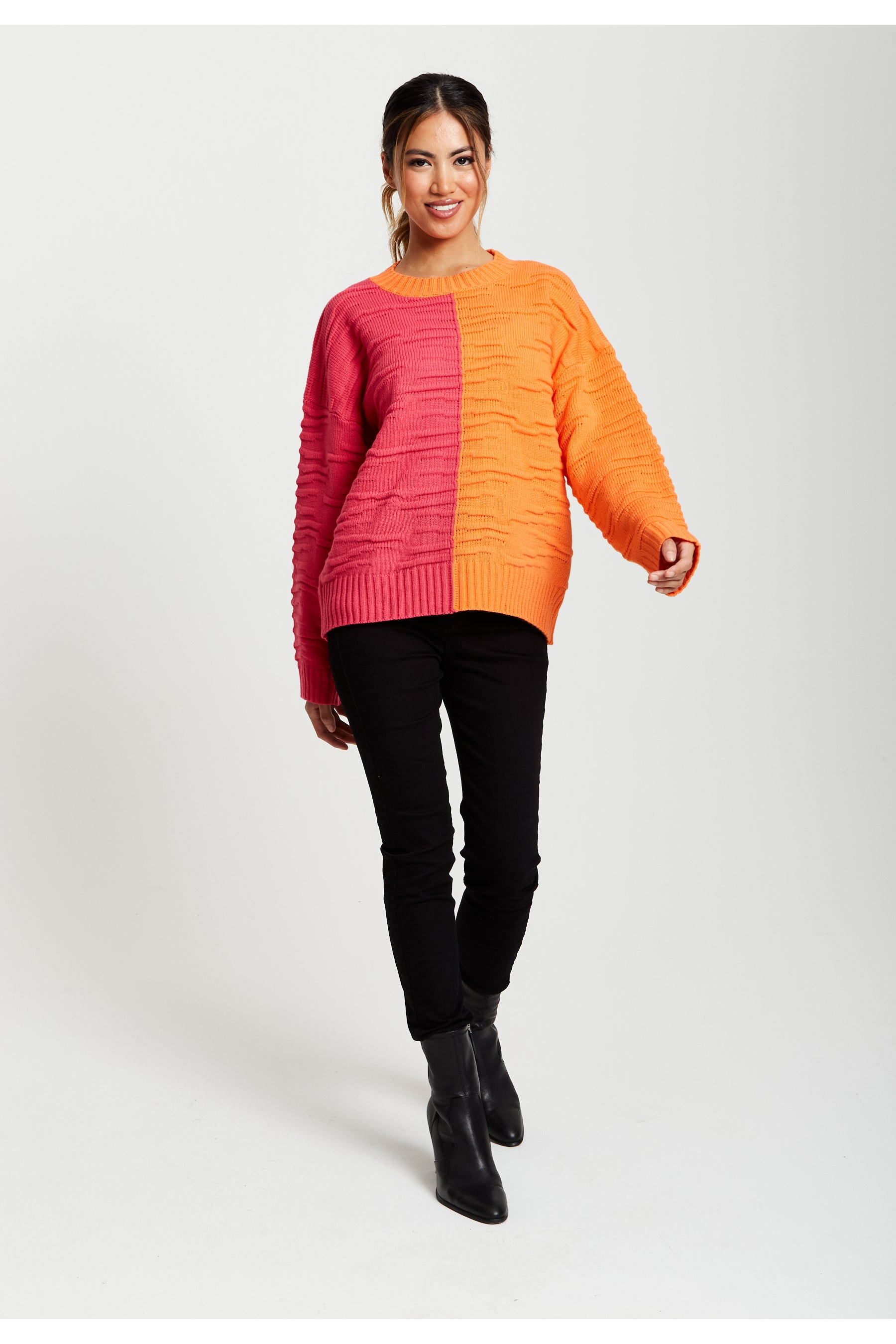 Colour Block Jumper In Orange And Pink D1-LS-L22AW022