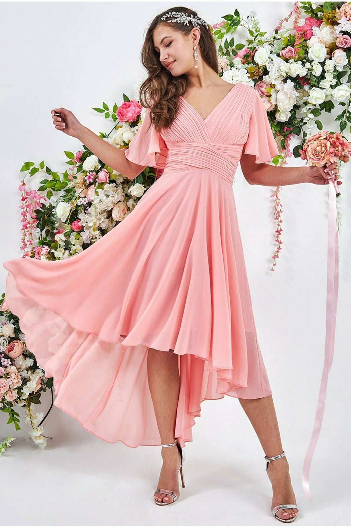 Pleated Chiffon High Low Midi Dress - Peach DR3305