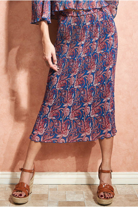 Printed Shirred Midi Skirt - Blue SK15