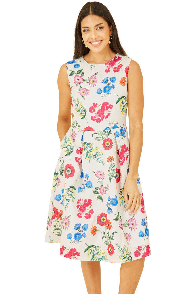 Yumi Ivory Botanical Floral Jacquard Skater Dress | Goddiva