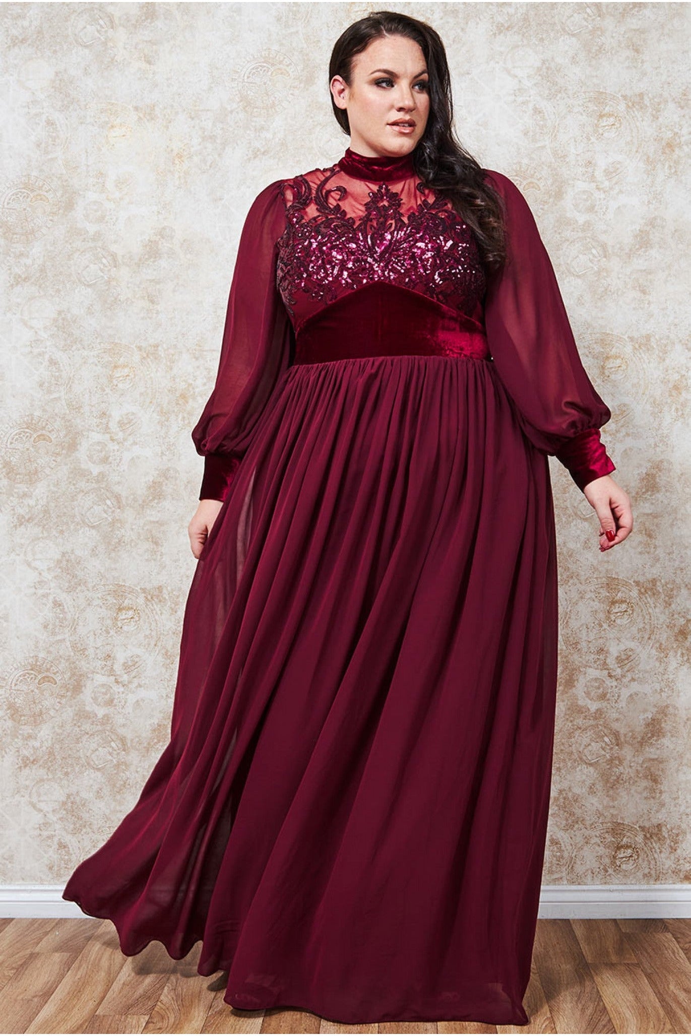 Plus Velvet Band Sequin Bodice Maxi - Wine DR3241P