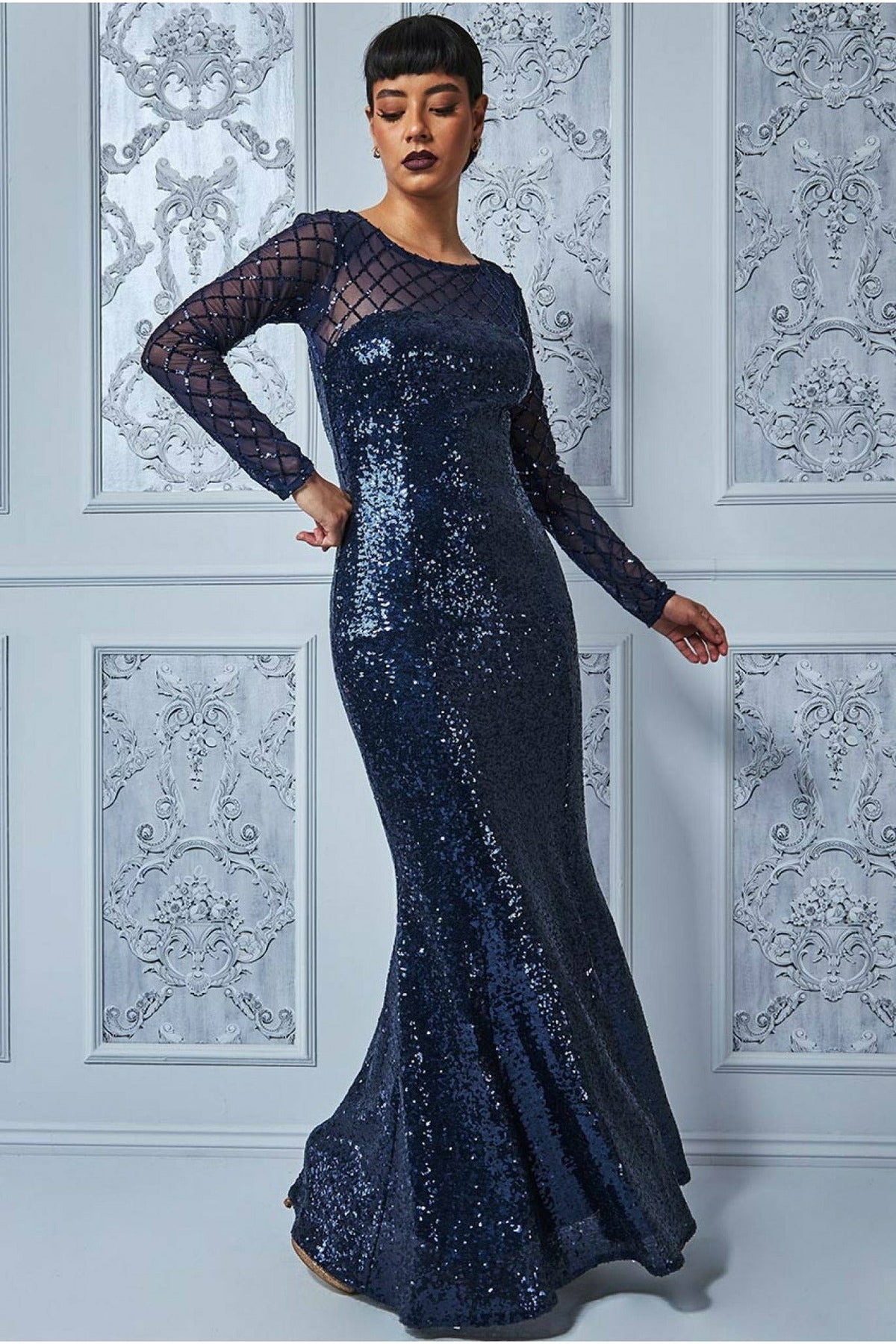 Sheer Diamond Design Sequin Maxi Dress - Navy DR2526