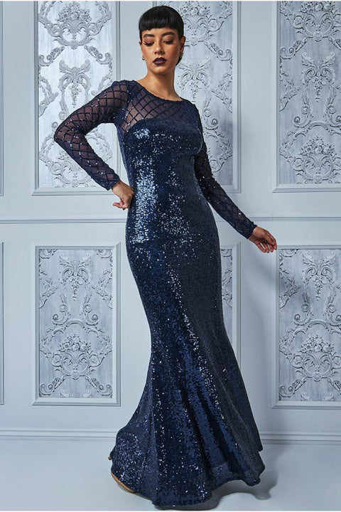 Sheer Diamond Design Sequin Maxi Dress - Navy by Goddiva