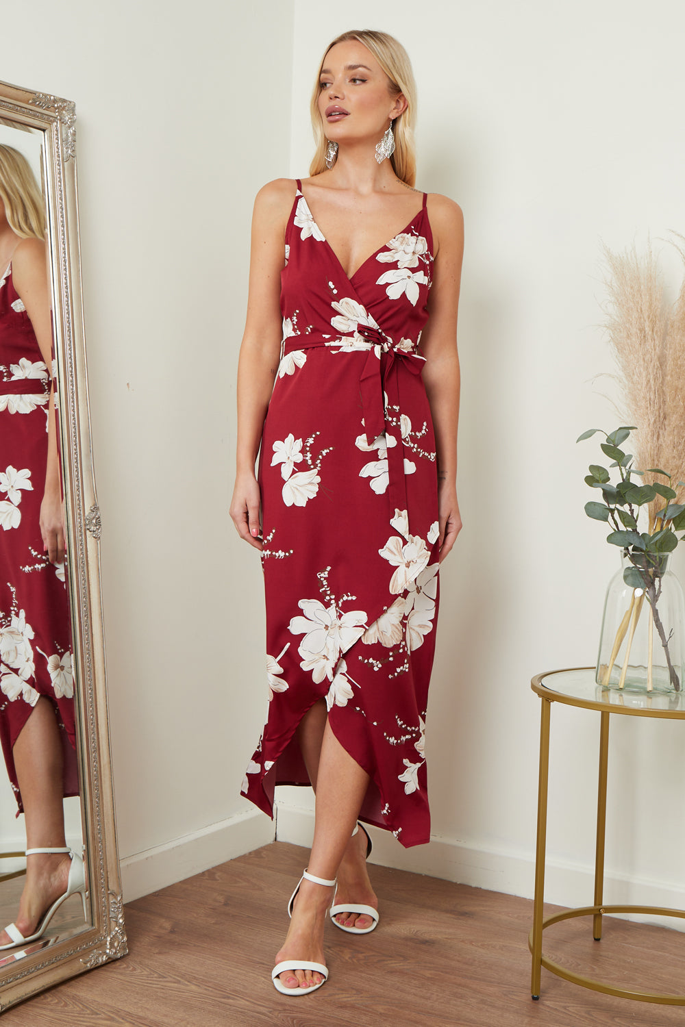 Cami Wrap Midi Dress In Red Floral Print LL2301RF
