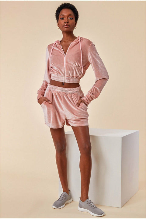 Velour Hoodie & Short Set - Pink TS22