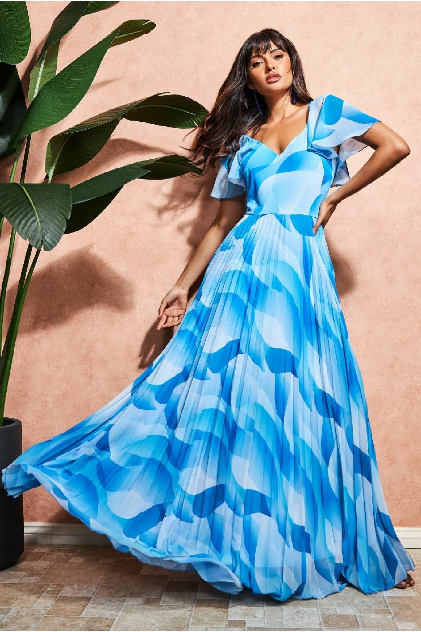 Printed Chiffon Pleated Maxi Dress - Blue DR3416
