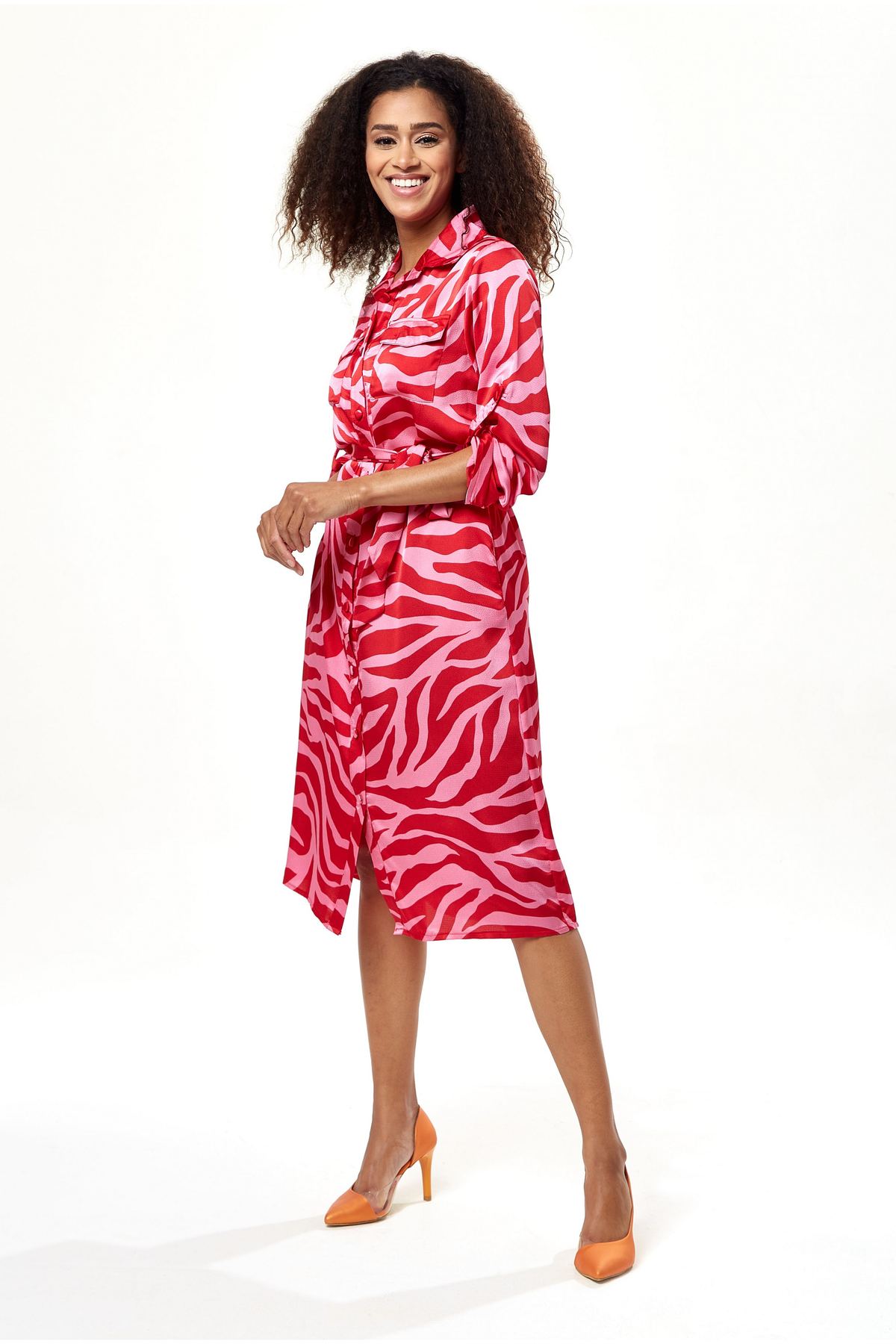 Pink And Red Zebra Print Midi Shirt Dress C12-EH1843ZP