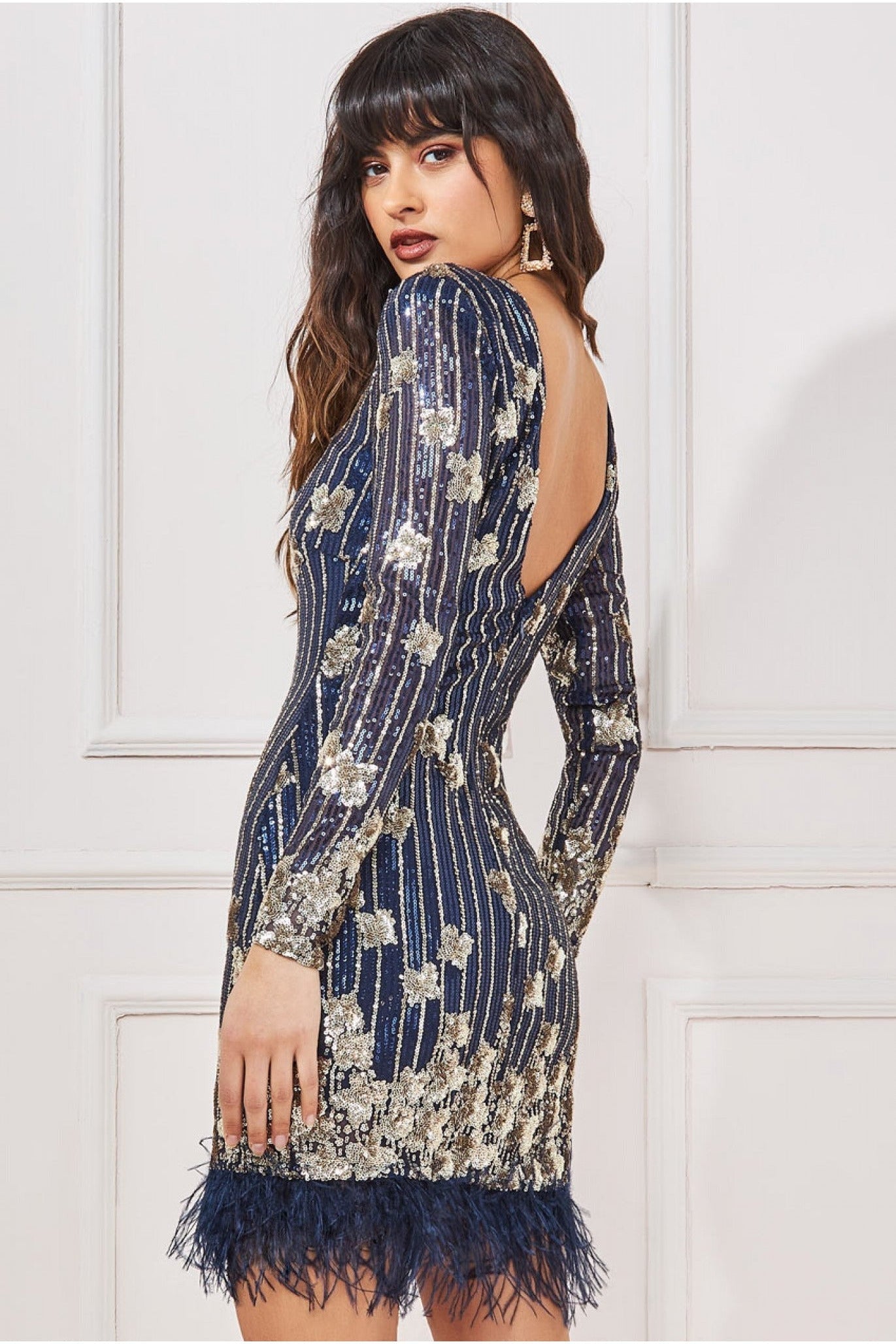 Sequin And Feather Open Back Mini - Navy DR3770