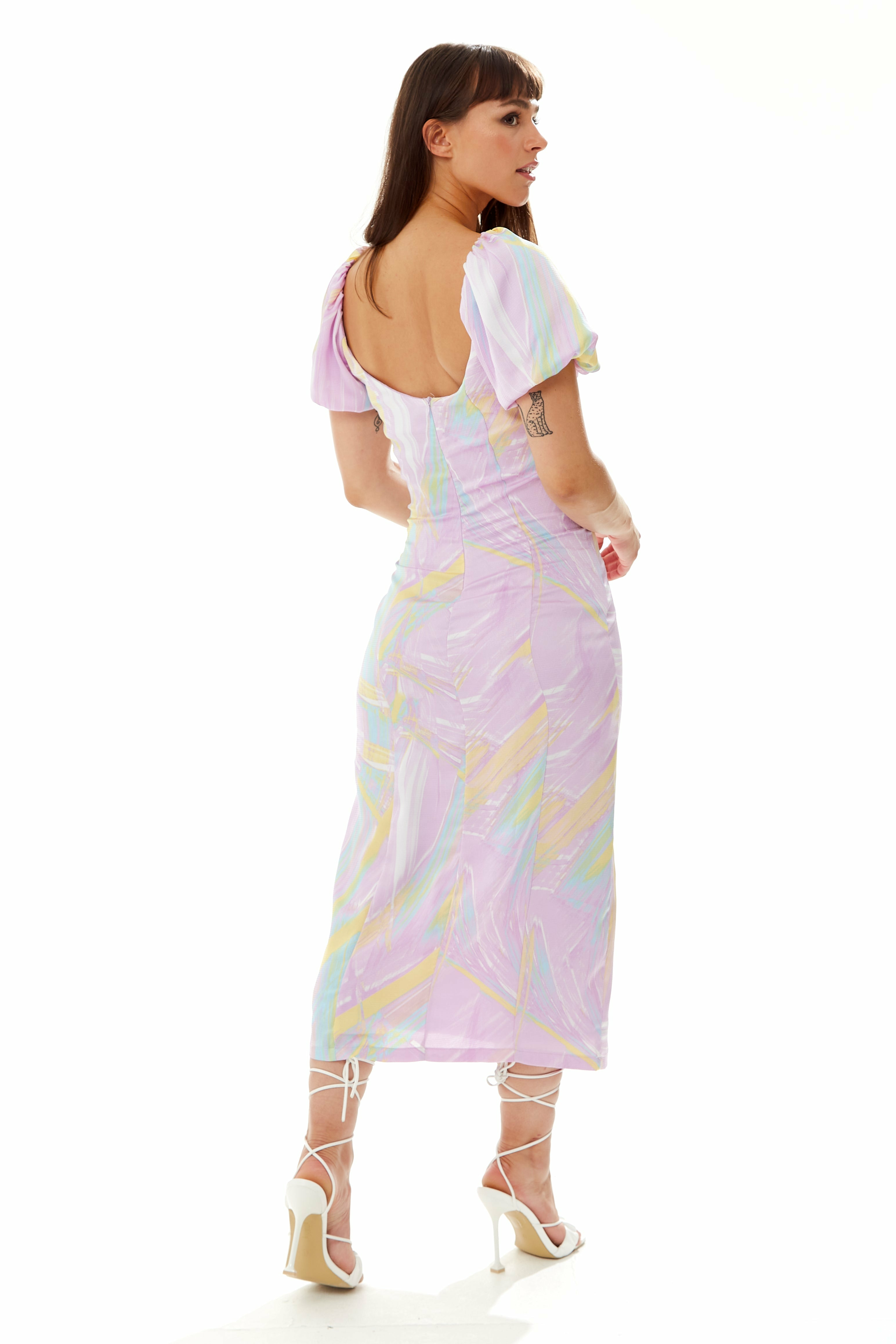 Midi Square Neck Brush Stroke Print Dress In Lilac A8-104-LIQ22SS017