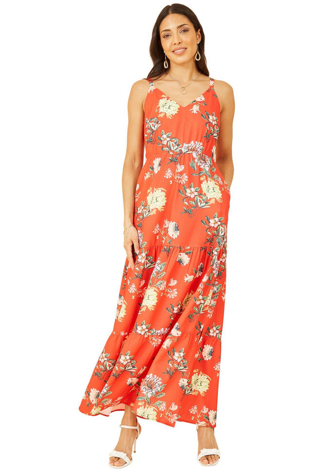 Red Floral Strappy Tiered Maxi Dress Yumi