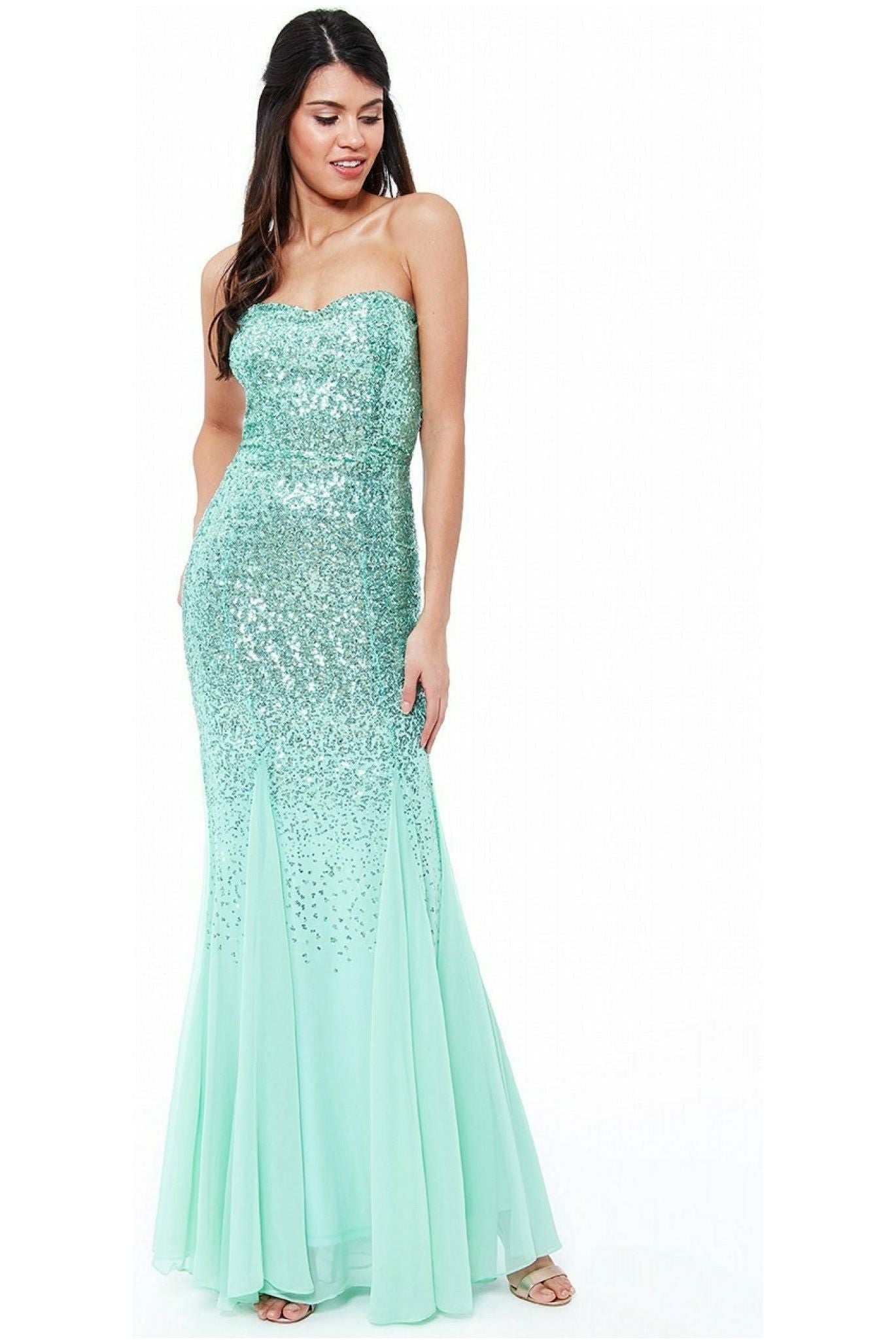 Bandeau Sequin & Chiffon Maxi With Scarf - Mint DR1049C