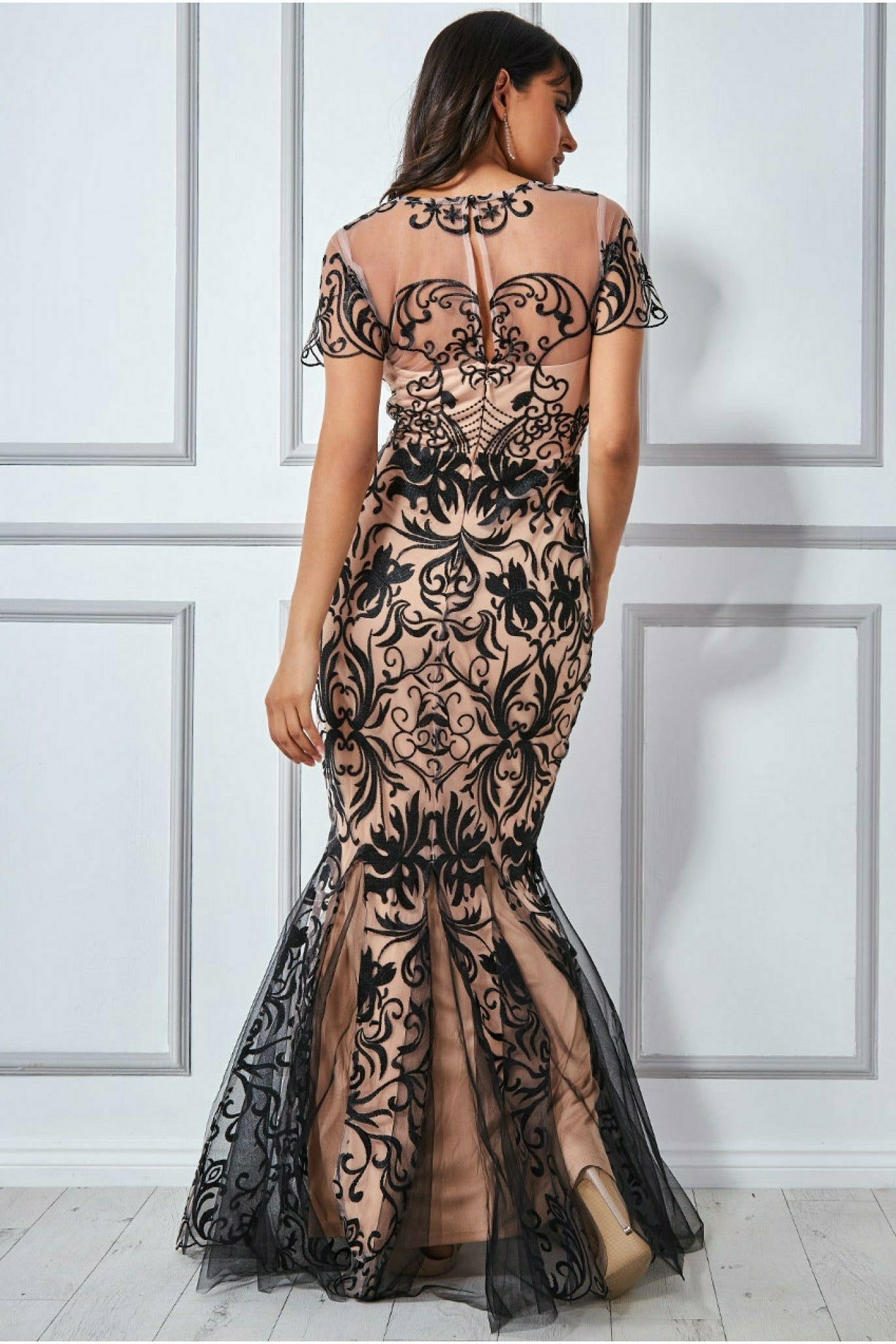 Mesh & Lace Maxi With Scalloped Hem - Black DR3253