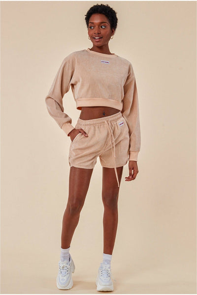 Beige - Oversized Cropped Jumper & Short Set - Beige by Cosmochic