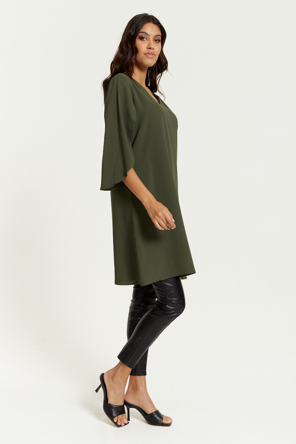 Oversized V Neck Detailed Satin Tunic with Split Sleeves in Khaki HOXTON GAL