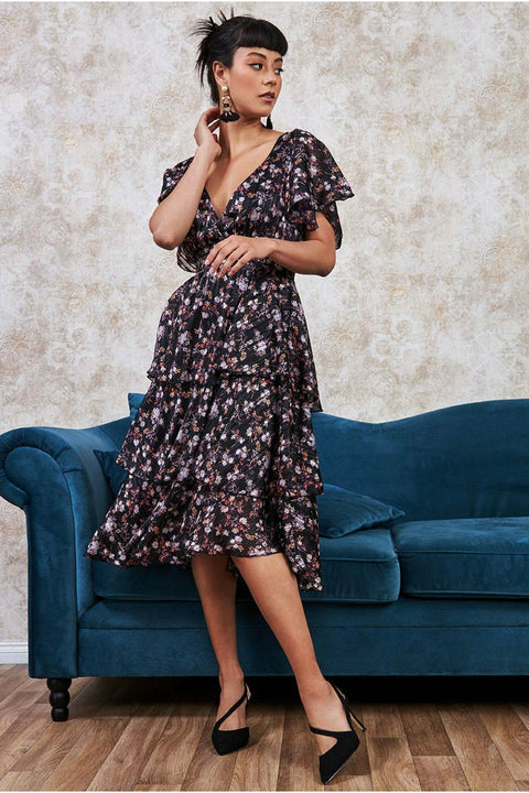 Floral Layered Midi With Flutter Sleeves - Navy DR3296