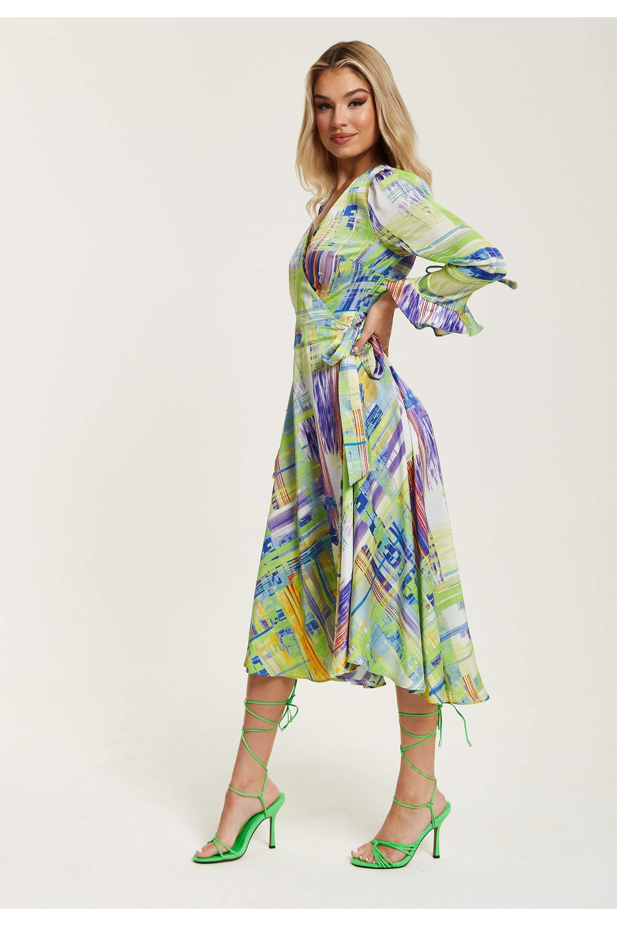 Abstract Print Midi Wrap Dress In Green A6-120-LIQ22SS018