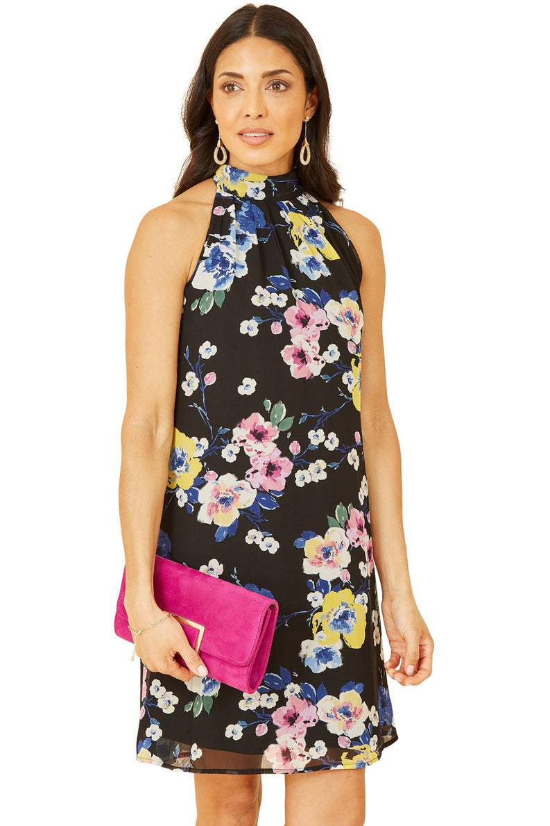 Black Floral Halter Neck Mini Dress Yumi