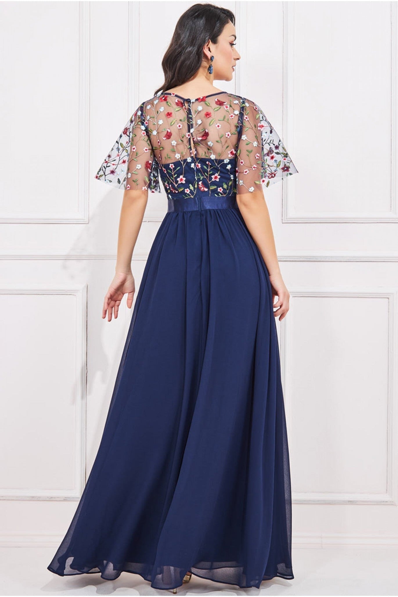 Embroidered Top Flutter Sleeve Maxi - Navy DR3799