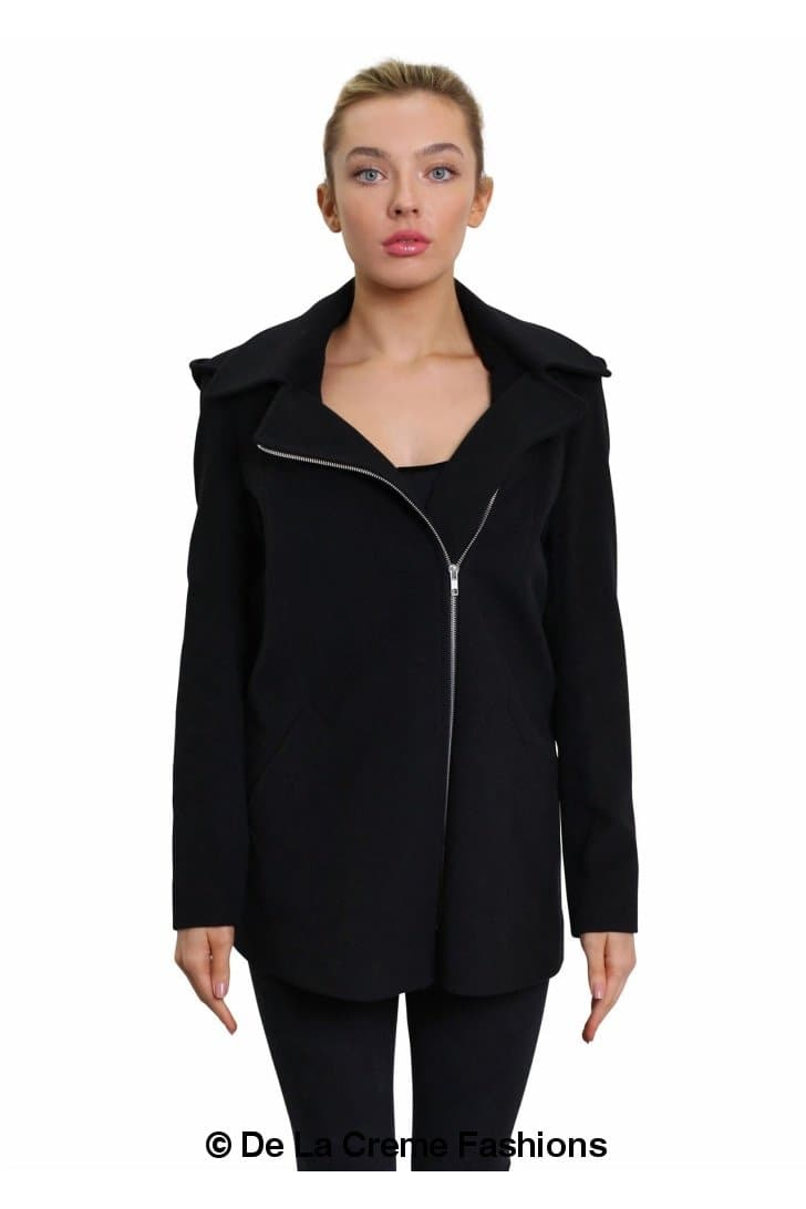 Wool Blend Zip Up Hooded Coat 1810