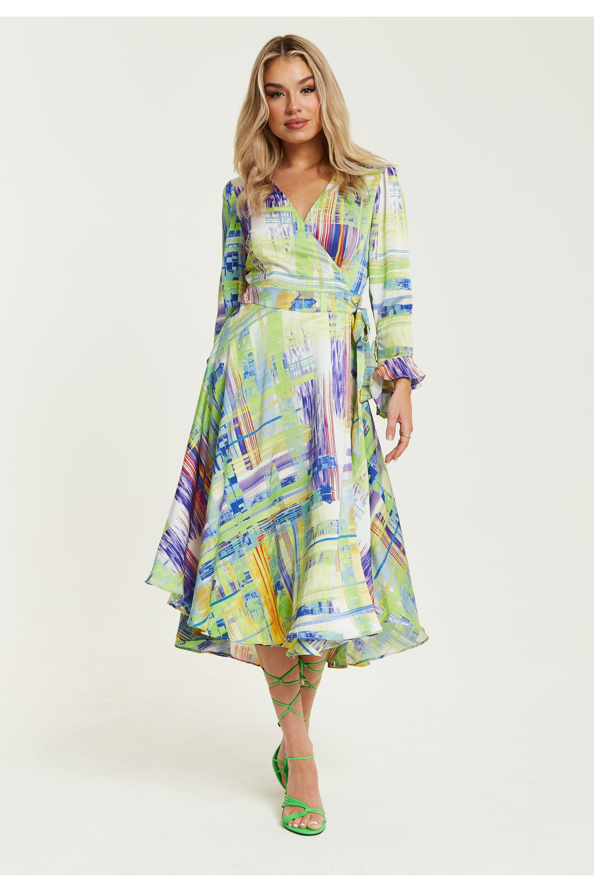 Abstract Print Midi Wrap Dress In Green A6-120-LIQ22SS018