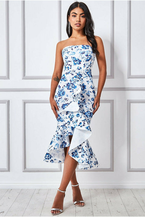 Bow Bandeau Midi With Ruffles - Blue Print DR3342