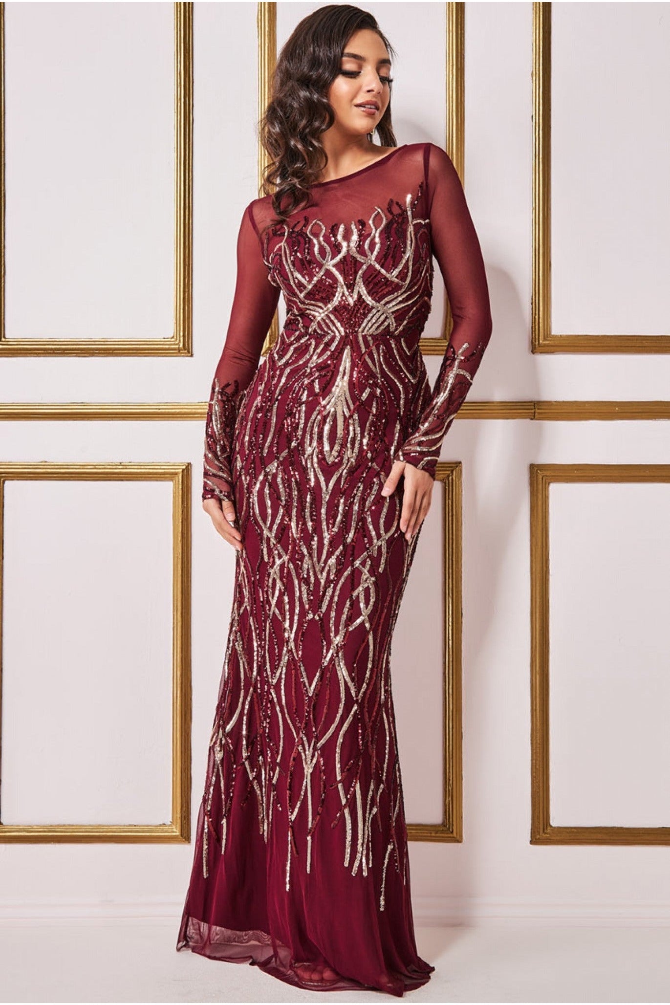 Long Sleeve Sequin Flame Maxi Dress - Wine DR3486