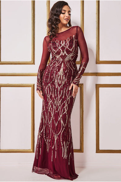 Long Sleeve Sequin Flame Maxi Dress Wine