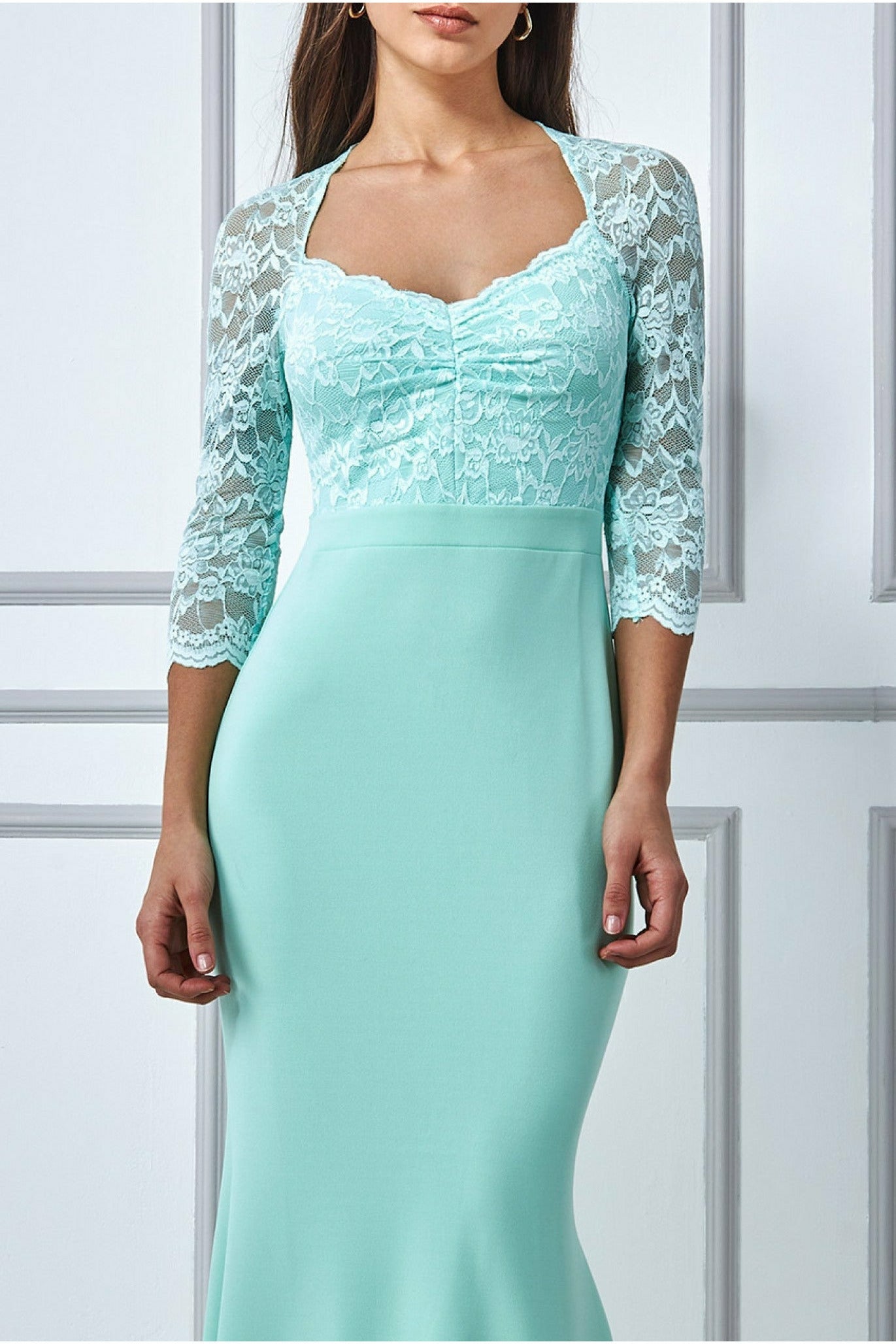 Lace Bodice Maxi Dress With Sleeves - Mint DR1551
