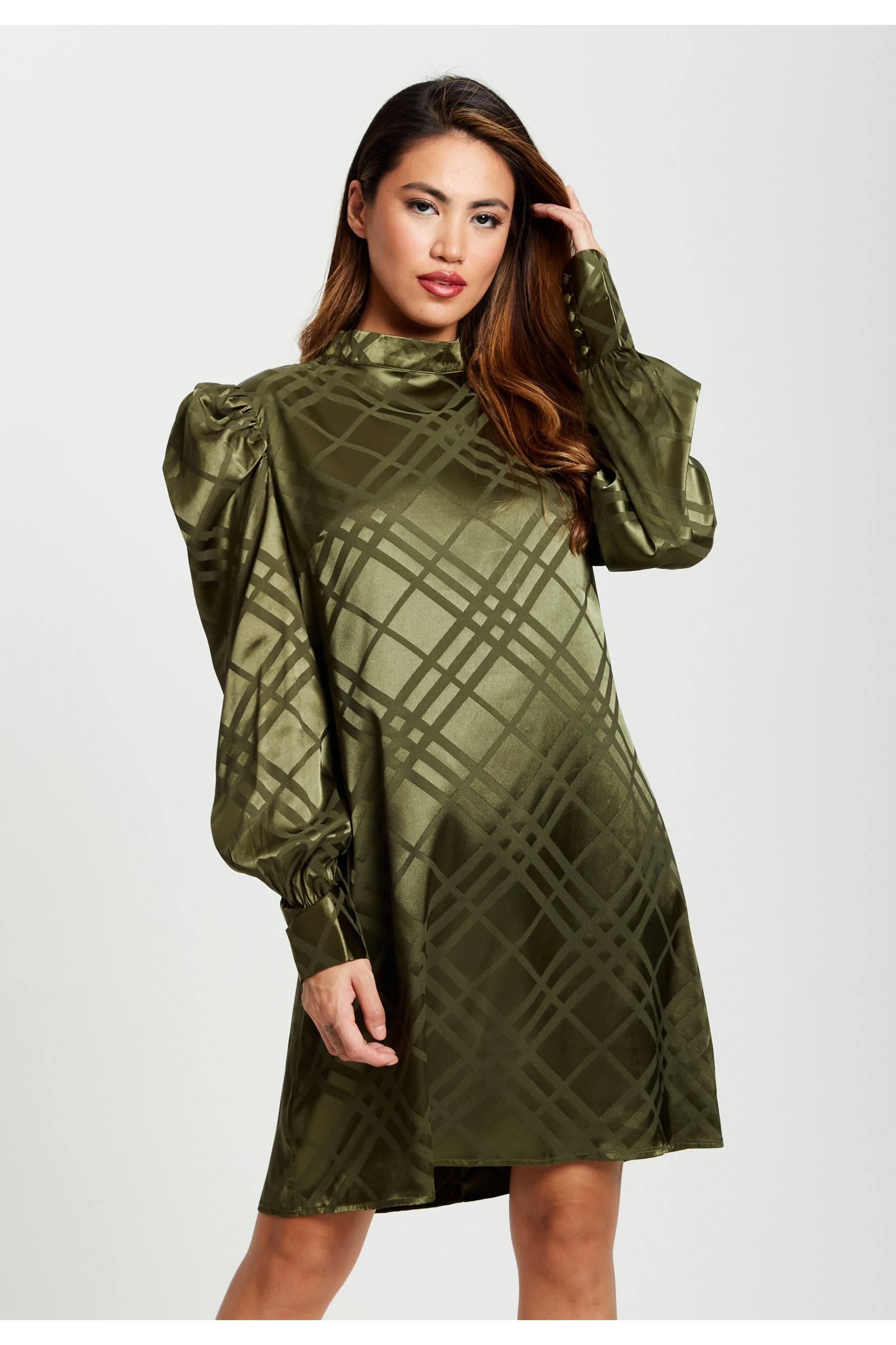 Check Jacquard Mini Dress With High Neck D7-LIQ22-304K