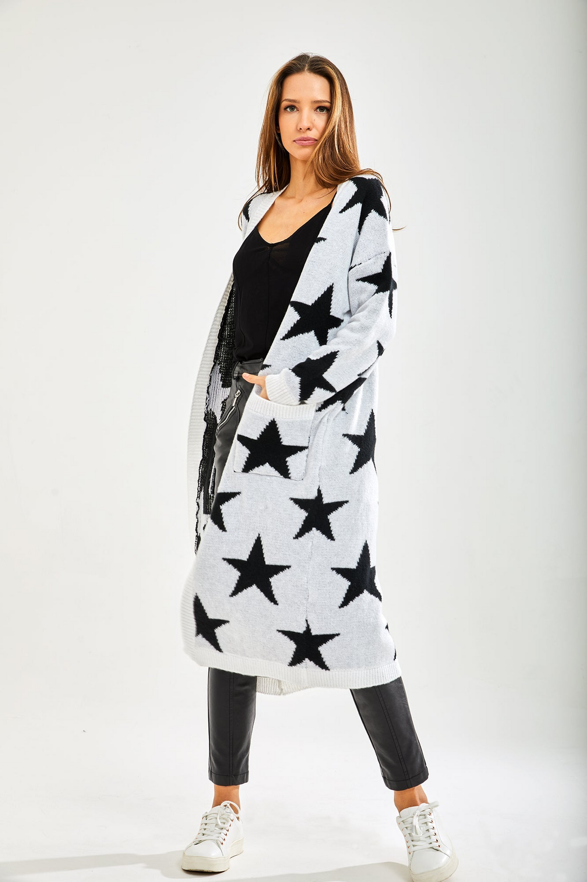 Star Pattern Long Cardigan In White D6-LIQKN-212W