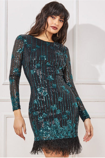 Emerald - Sequin And Feather Open Back Mini - Emerald by Goddiva