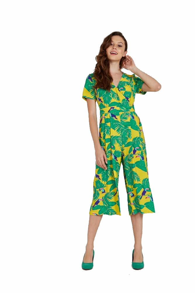Rock Kandy Wide Leg Jumpsuit In Yellow Leaf Print Rock Kandy