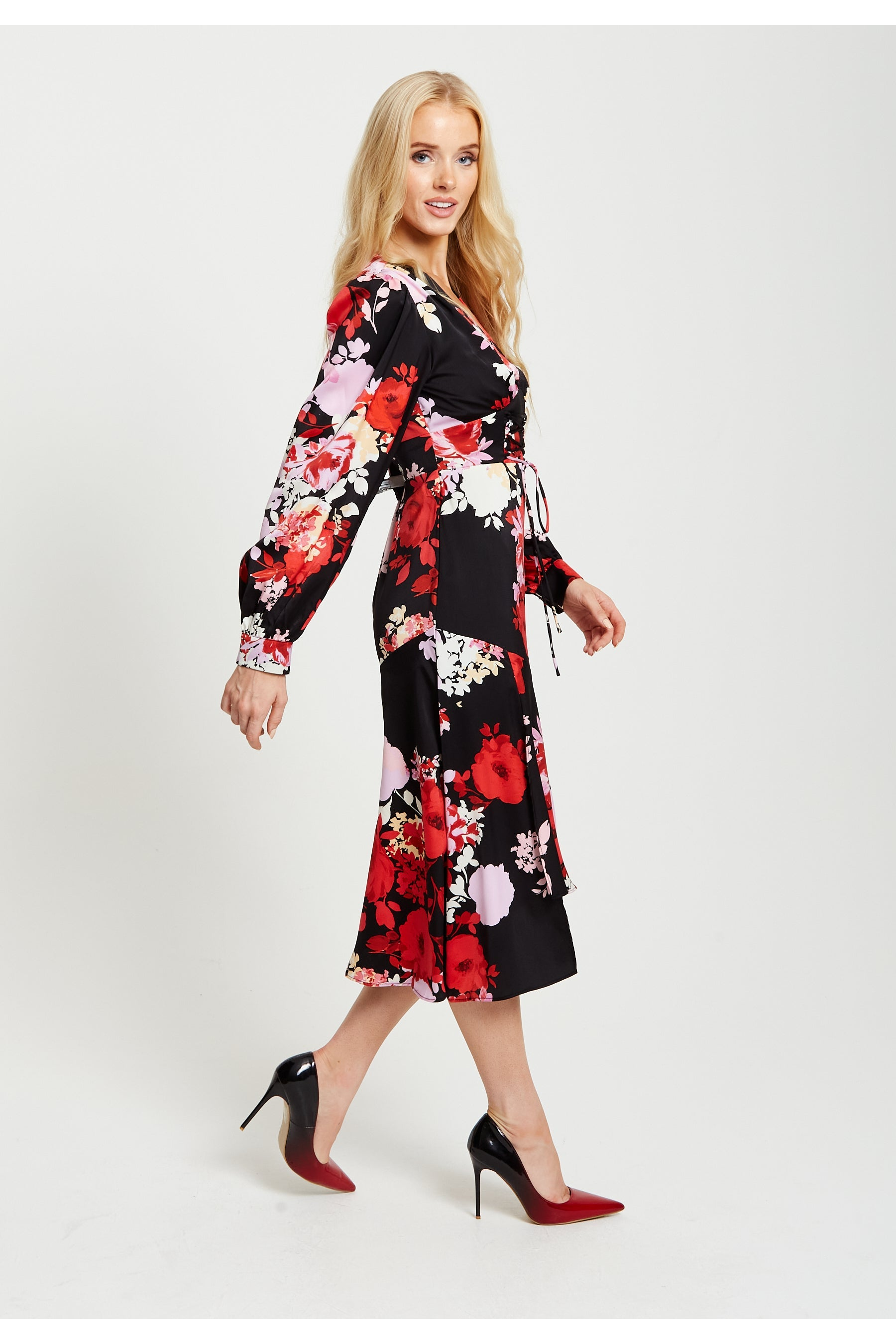 Rose Print Midi Lace Up Dress In Red And Pink E2-196-LIQ22AW038