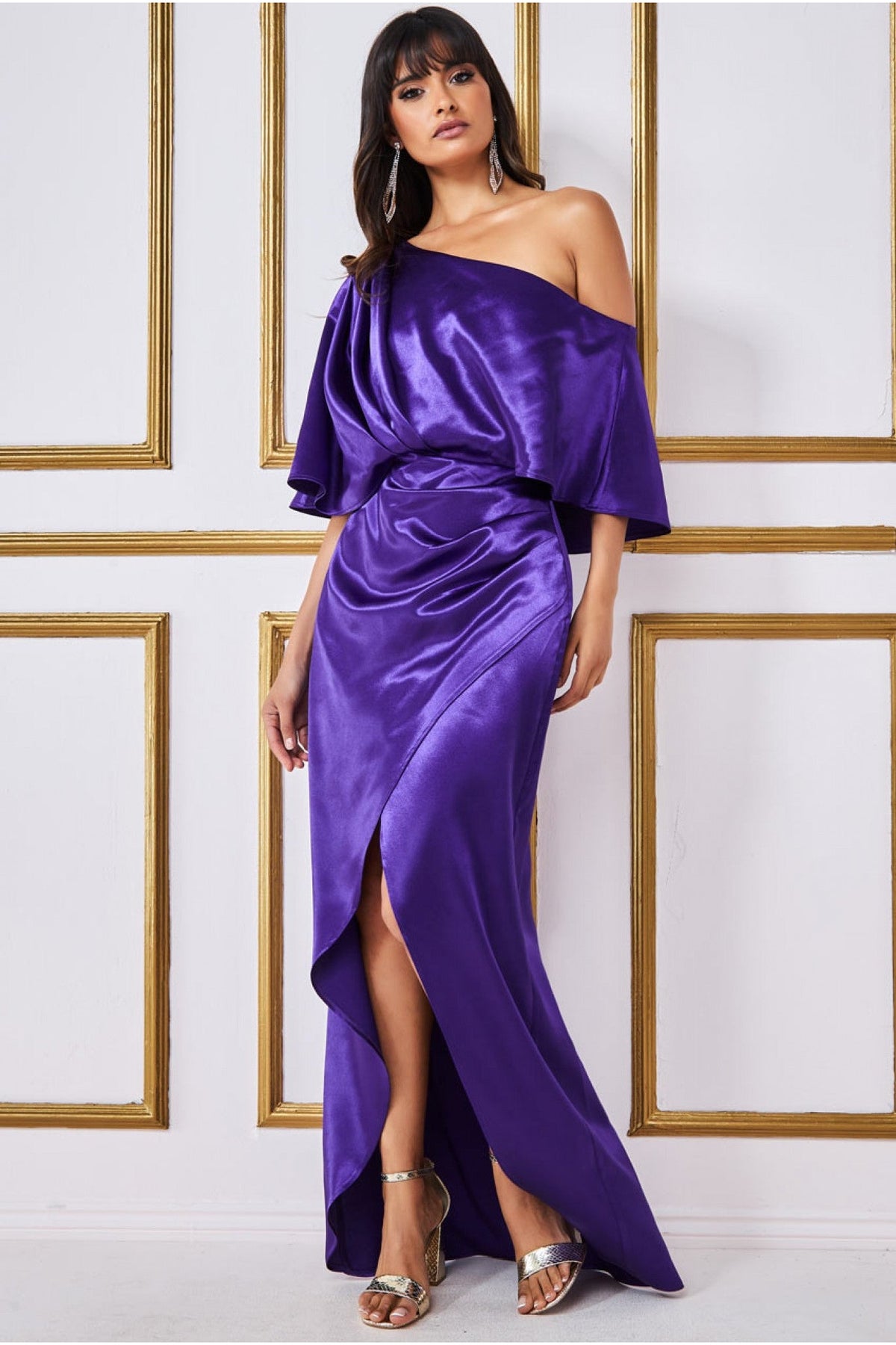 Satin Drape Shoulder Wrap Maxi Dress - Purple