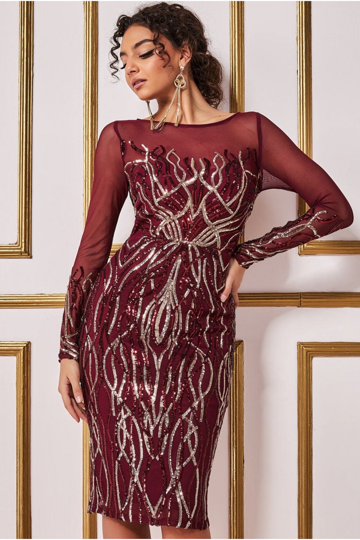 Long Sleeve Sequin Flame Midi Dress - Wine DR3605