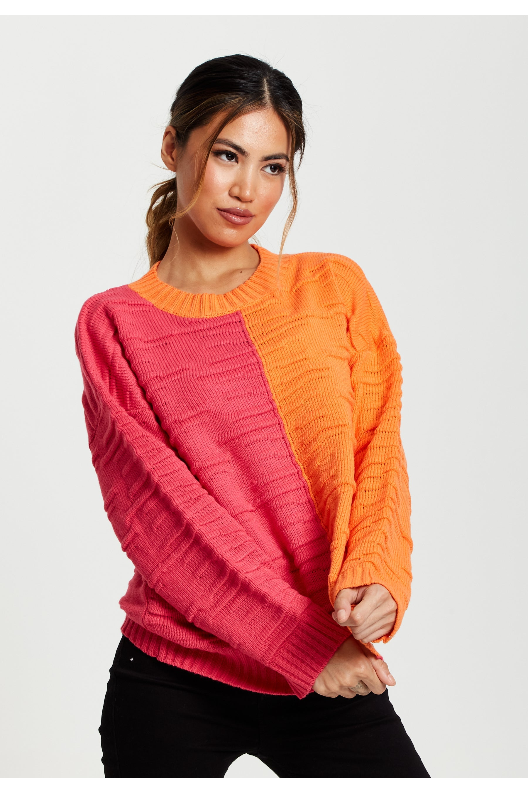 Colour Block Jumper In Orange And Pink D1-LS-L22AW022